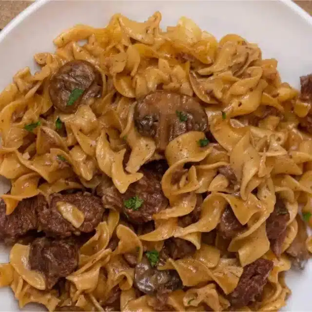 beef and noddle meal on plate