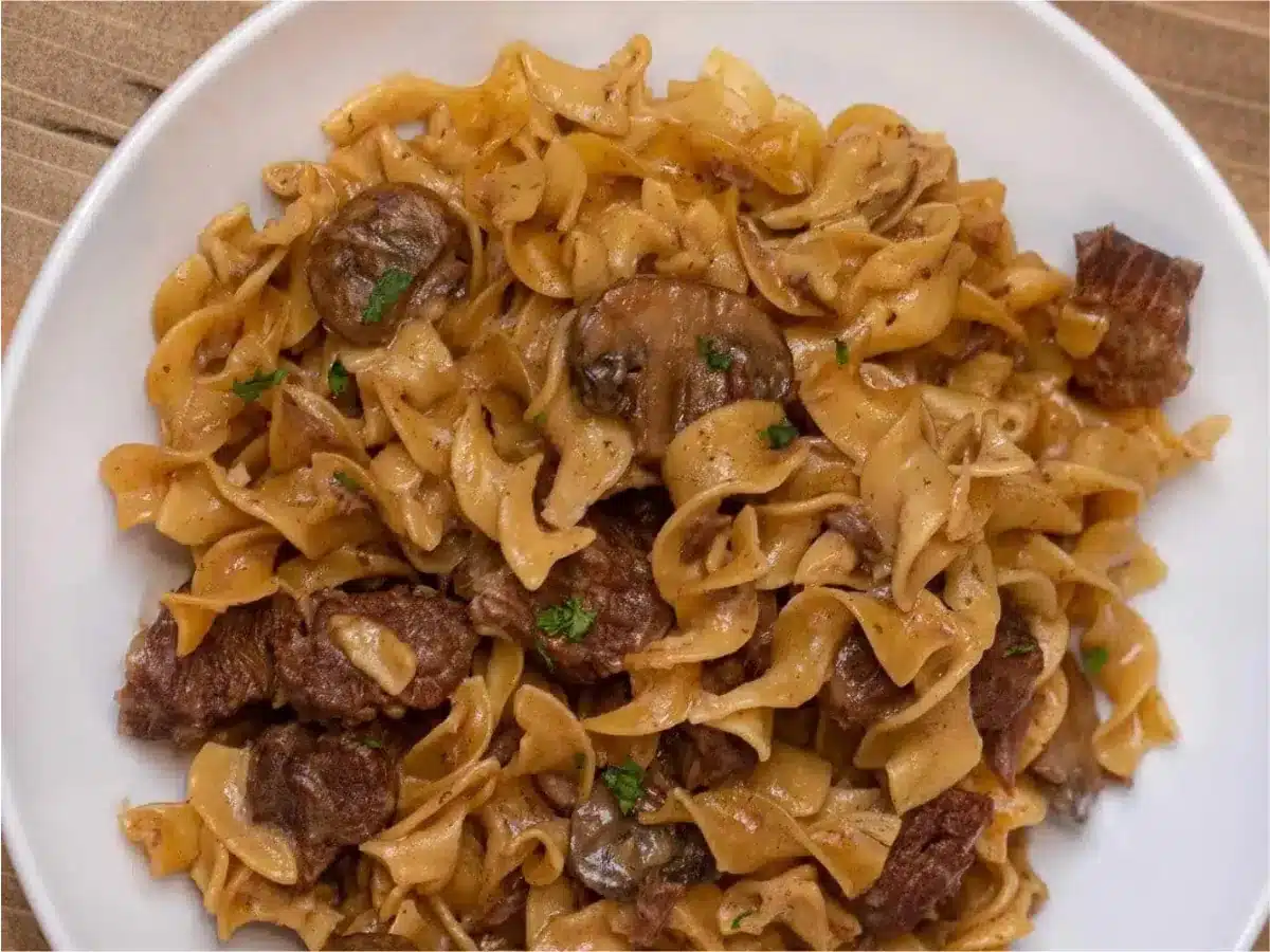 beef and noddle meal on plate