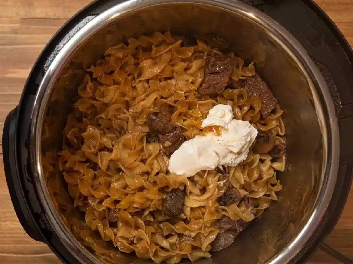 premixed noodles and beef in pot