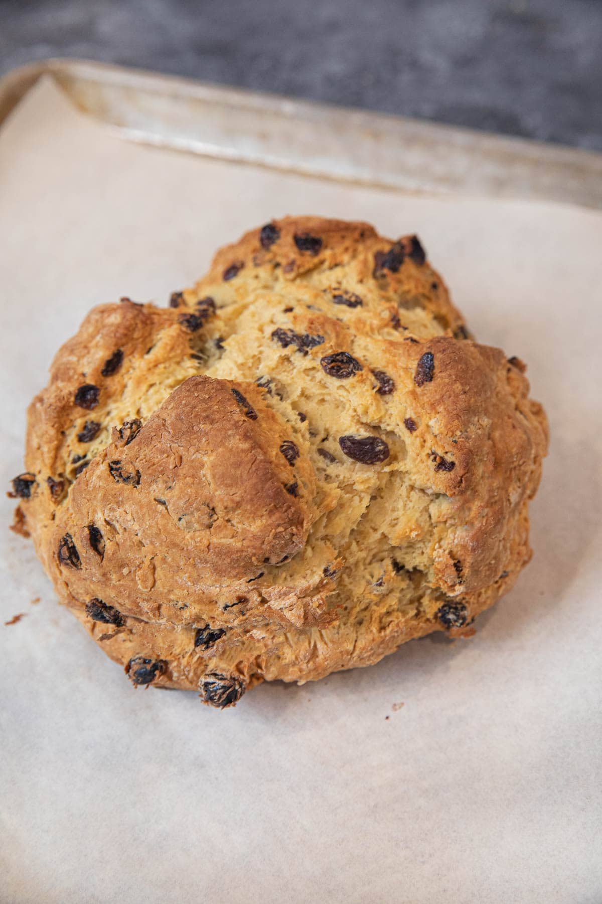 Irish Soda Bread loaf on baking sheet