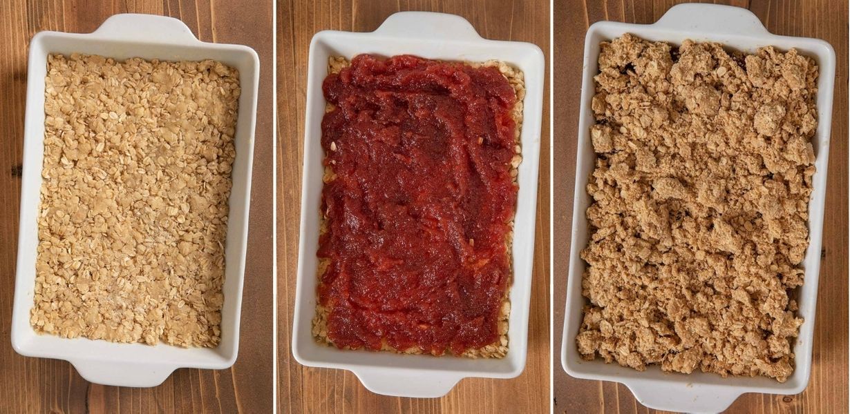 Oatmeal Jam Bars collage of layers in baking dish before baking