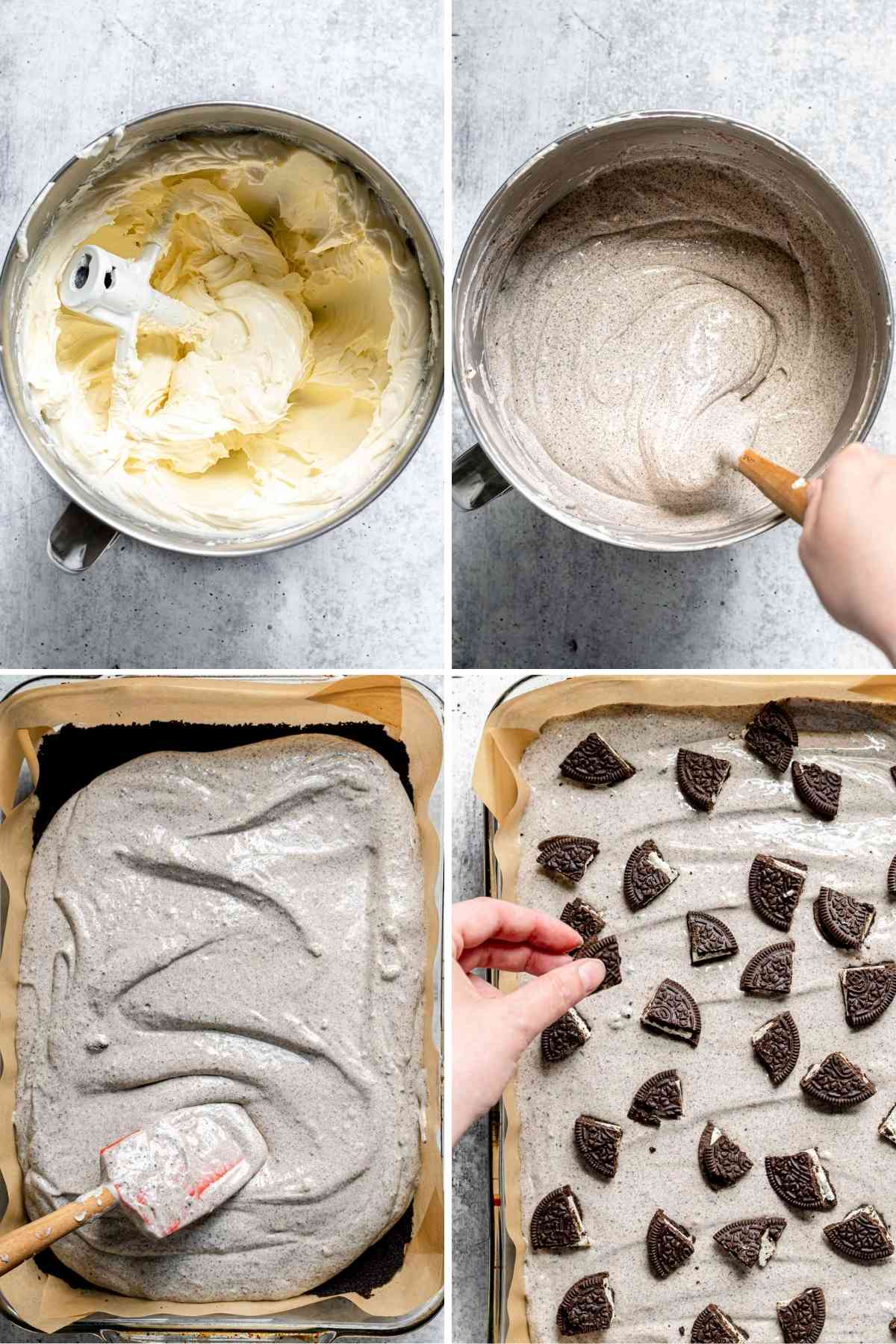 Oreo Cheesecake Bars collage of prep steps or filling being made, poured into baking dish, and topped with Oreo chunks