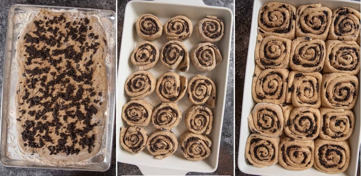 Oreo Cinnamon Rolls prep collage of dough sheet topped with oreo filling, rolls in baking dish before proofing, and rolls in baking dish after proofing