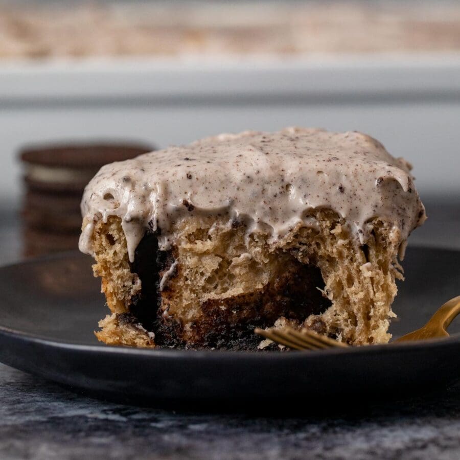 Oreo Cinnamon Rolls roll on plate with fork