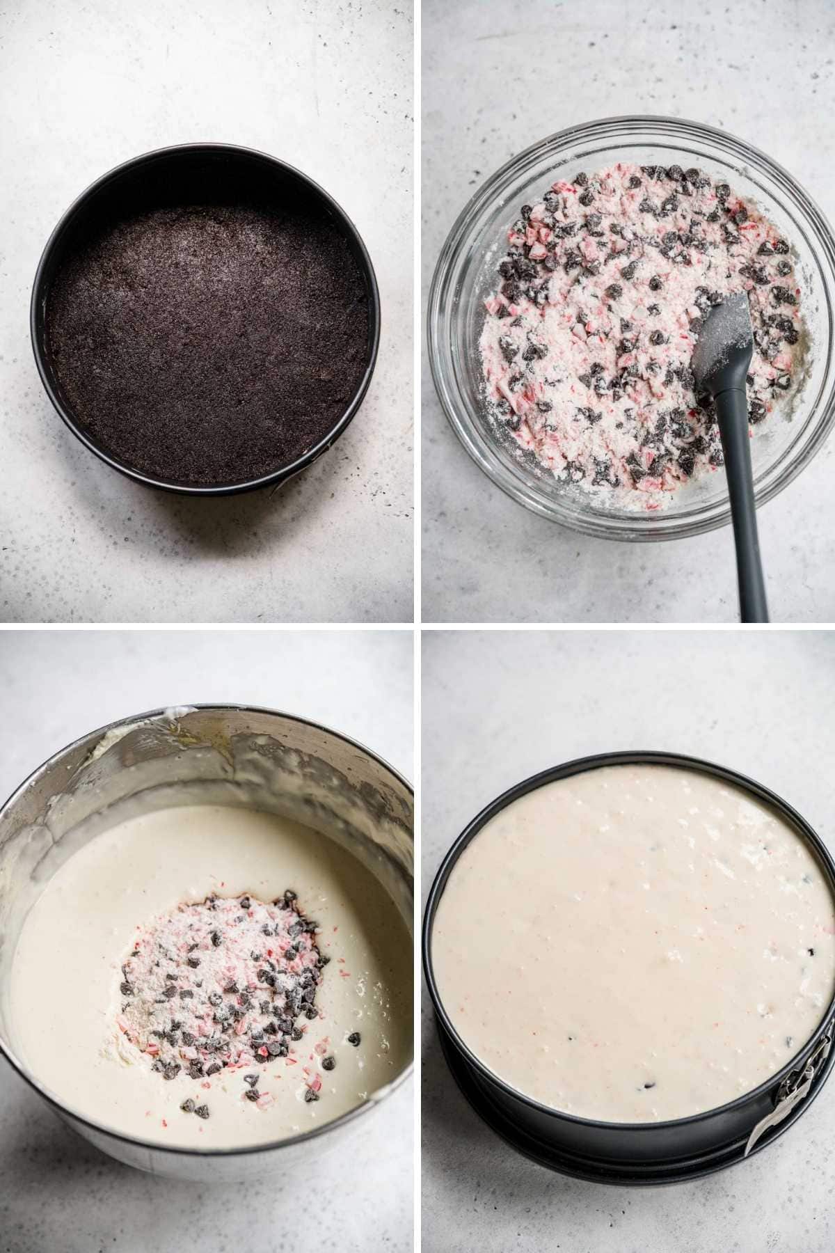 Peppermint Bark Cheesecake Collage of prep steps