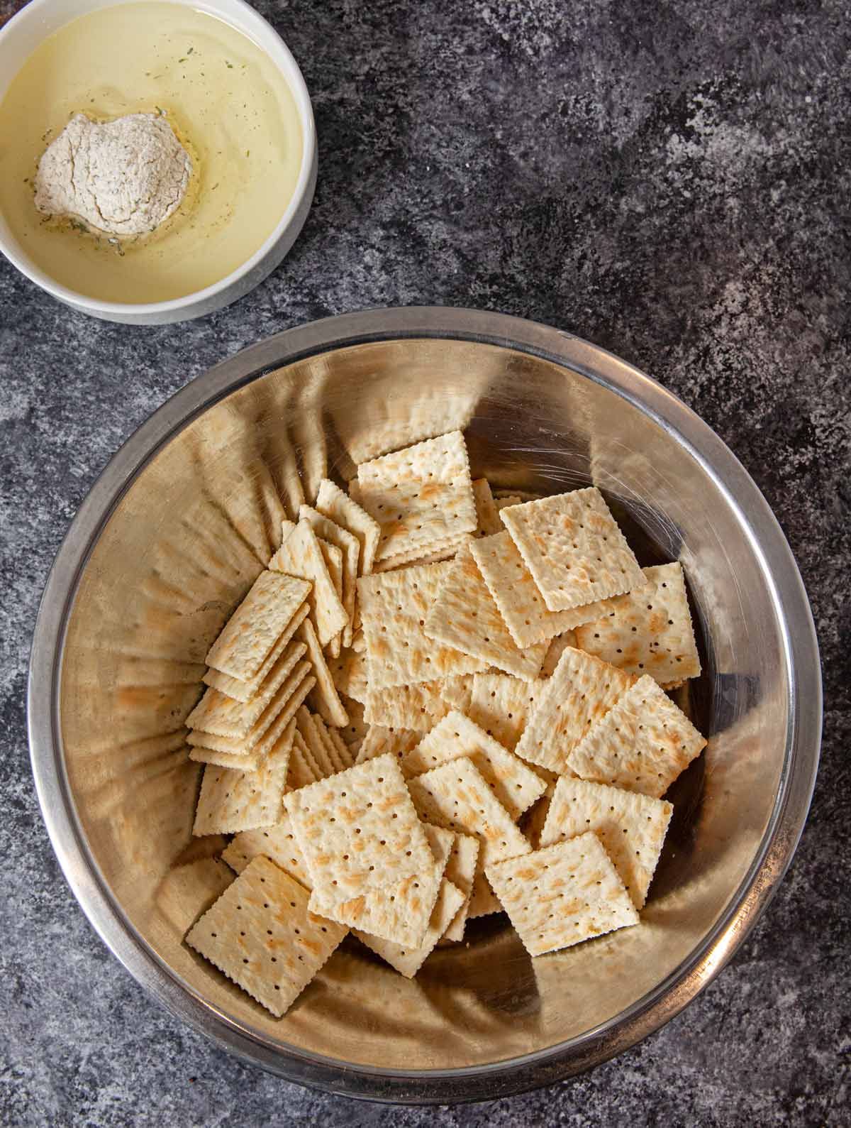 Ranch Mix Saltines ingredients in bowls