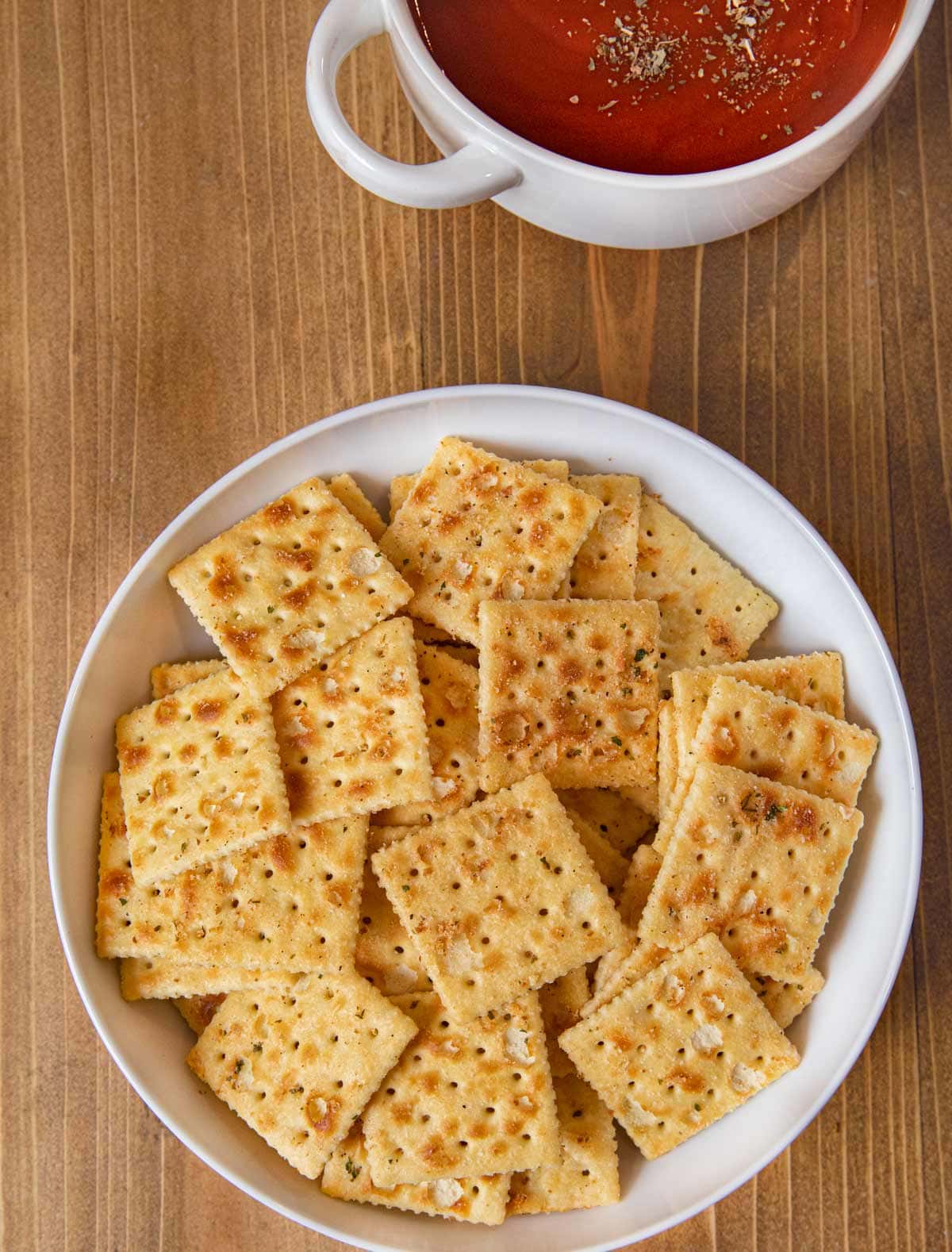 Ranch Mix Saltines in bowl served with tomato soup