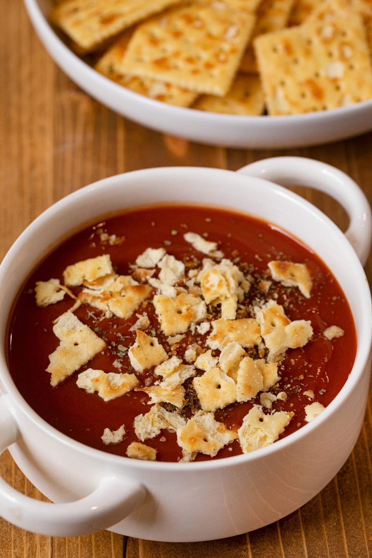 Ranch Mix Saltines crumbled up into bowl of tomato soup