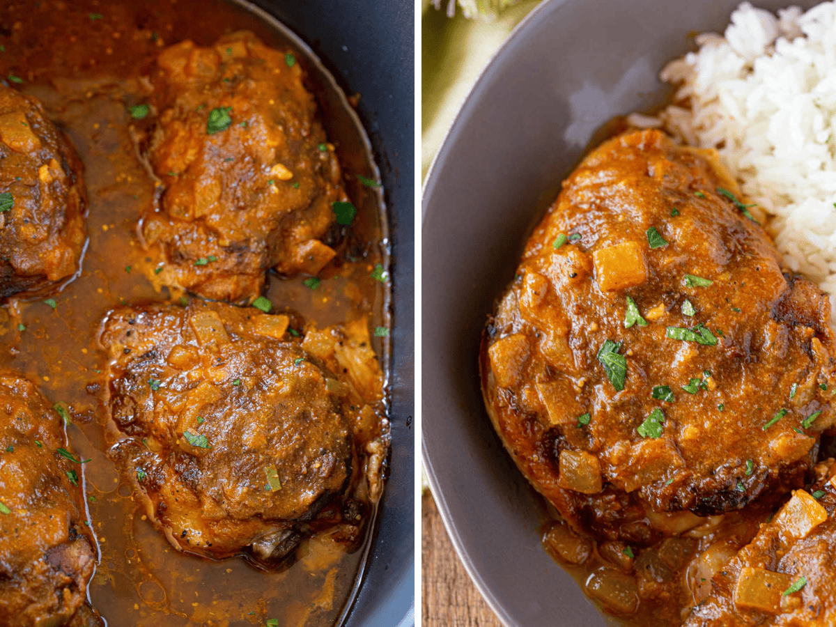 collage of chicken in the crockpot and plated 