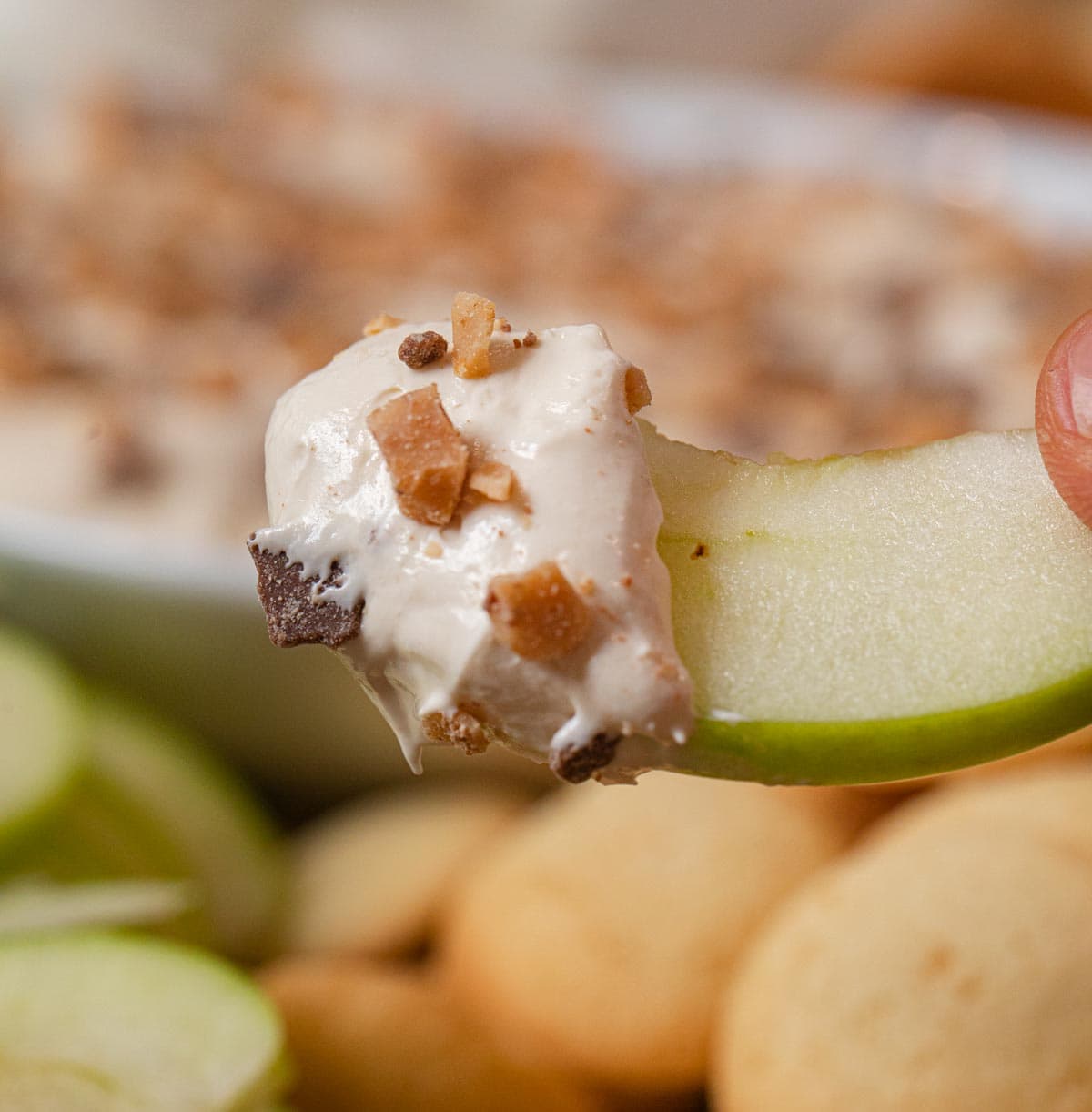 Toffee Apple Dip dollop on green apple slice