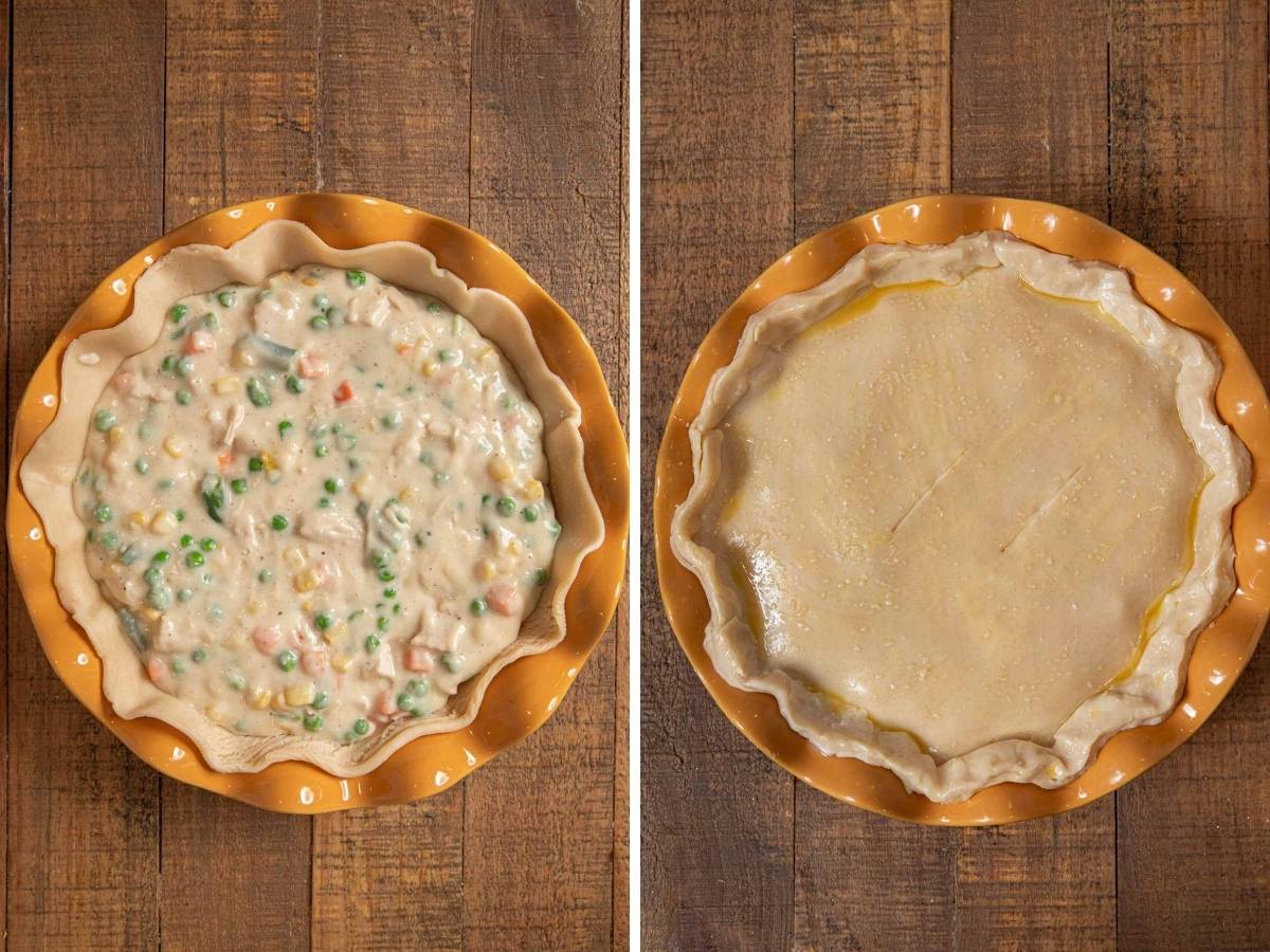 Turkey Pot Pie collage of pie crust with filling and covered pie before baking