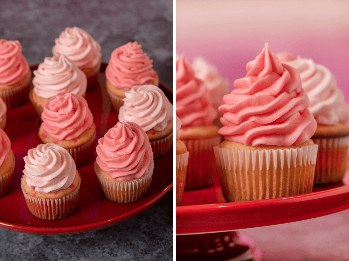 tray of decorated cupcakes and one up close