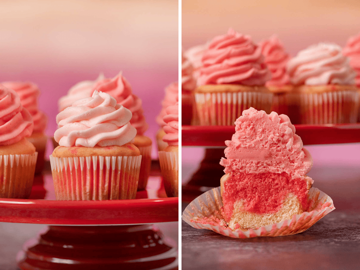 collage of single cupcake and one cut open