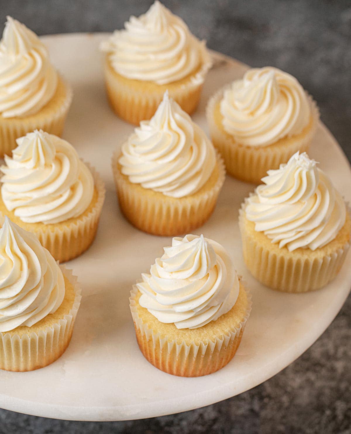 top-down view of Vanilla Cupcakes on cake stand