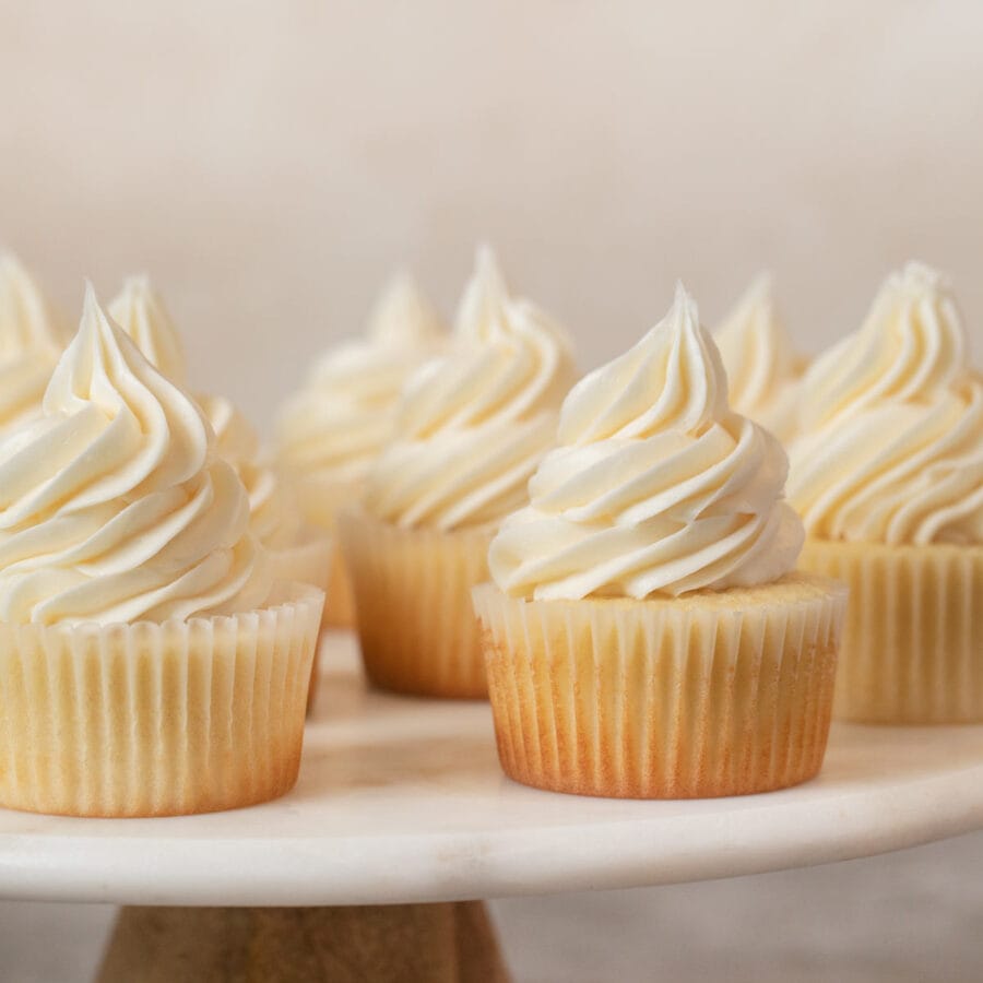 Vanilla Cupcakes on cake stand