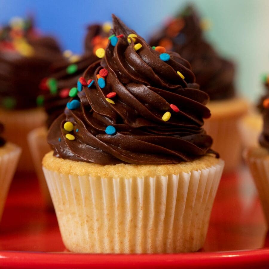 Yellow Cupcakes with Chocolate Frosting with rainbow sprinkles on cake stand