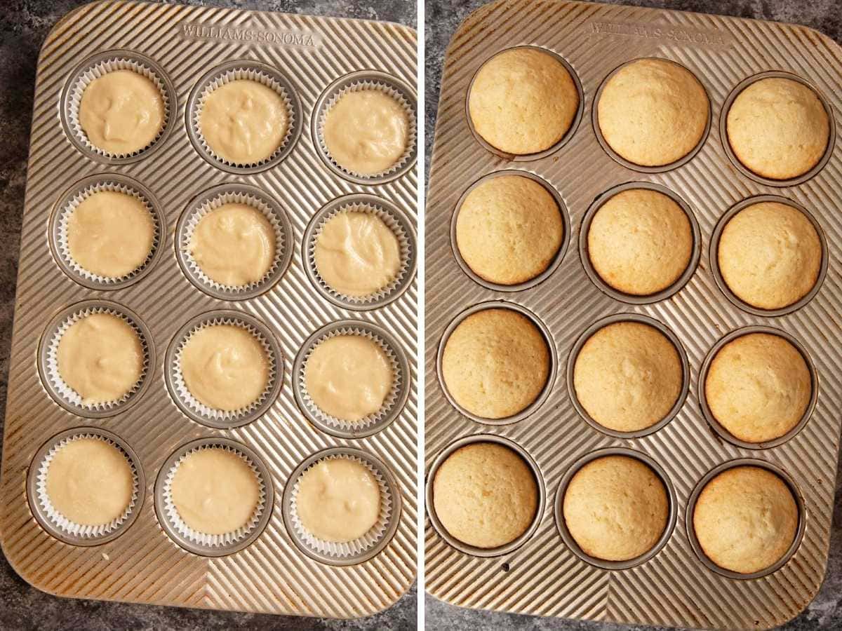Yellow Cupcakes in cupcake tin before and after baking