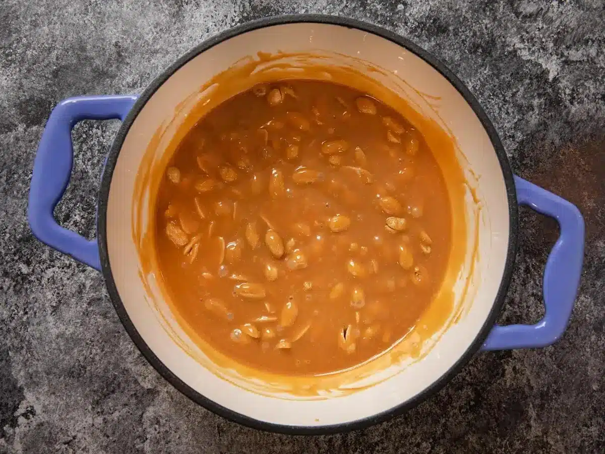 caramel and peanut mixture in a pot