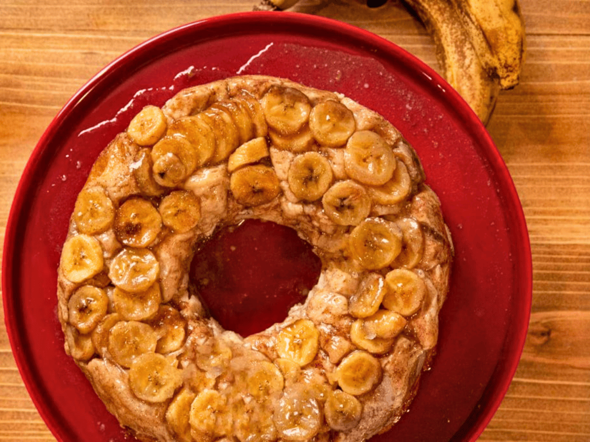 Aerial view of bread with bananas on top