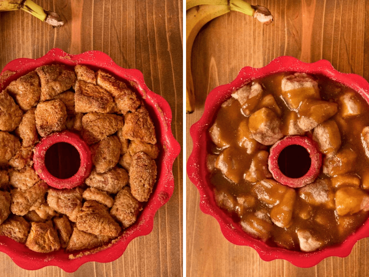 Collage of baked and unbaked pull apart bread