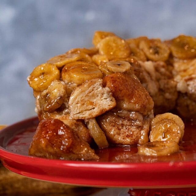 cross-section of Banana Monkey Bread on cake stand
