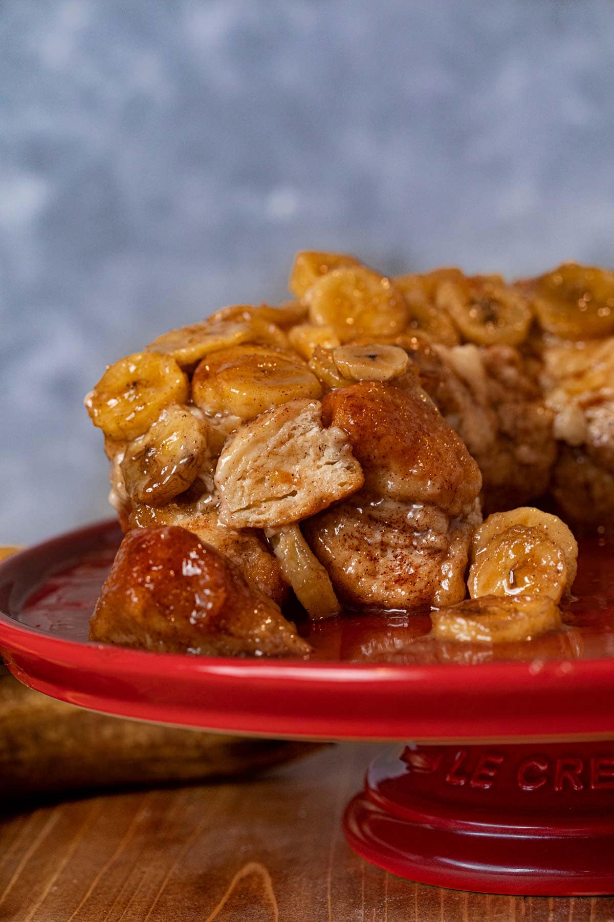 cross-section of Banana Monkey Bread on cake stand