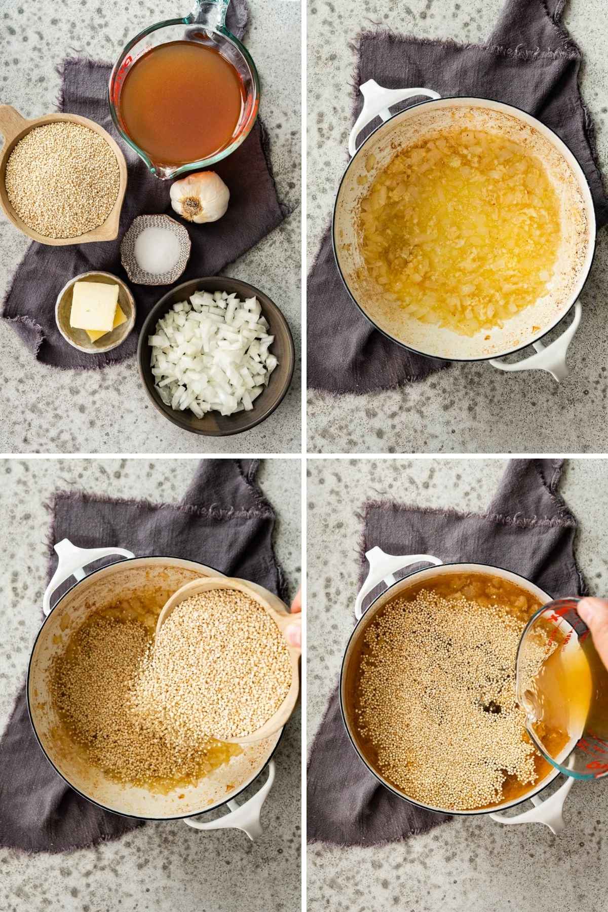 Collage of prep steps for Buttery Garlic Quinoa