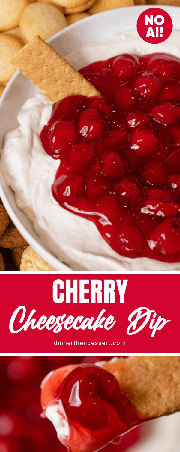 Cream cheese base with red cherry filling in a white serving bowl