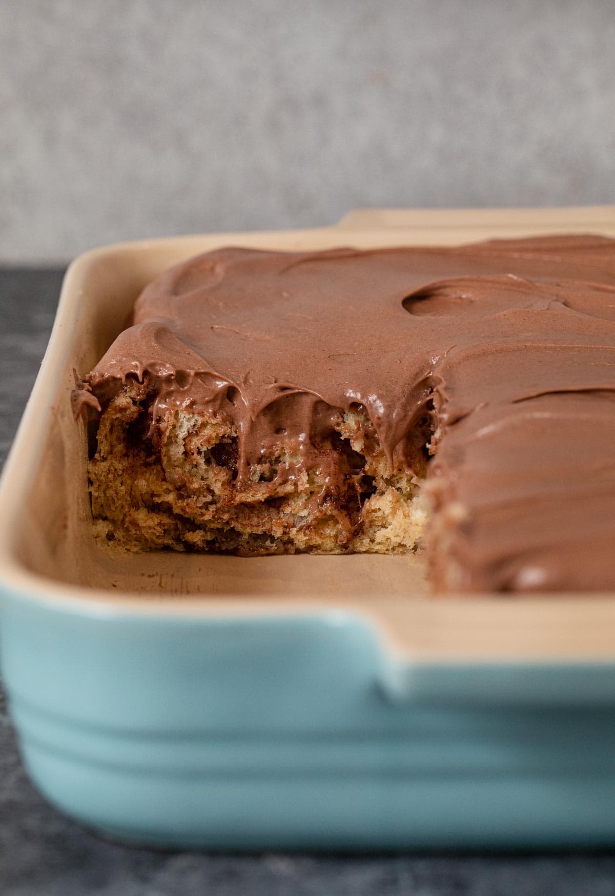 Chocolate Chip Cinnamon Rolls cross-section in baking dish