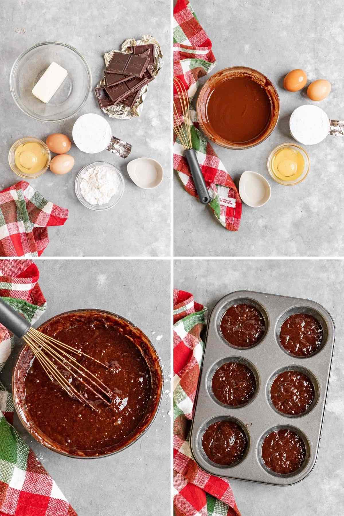 Chocolate Peppermint Lava Cakes collage of prep steps