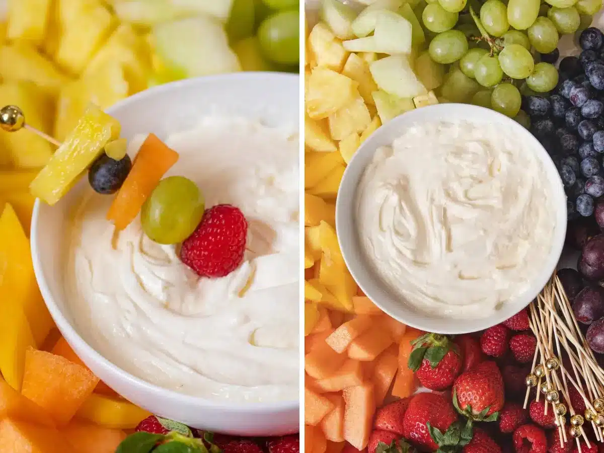 collage of a skewer of fruit in dip and dip in the center of fruit 