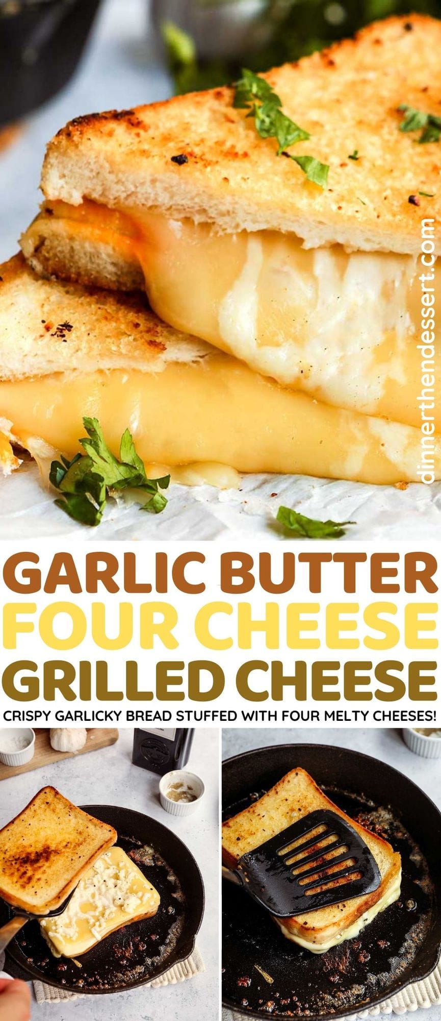Garlic Butter Four Cheese Grilled Cheese cooked, slices stacked on each other collage