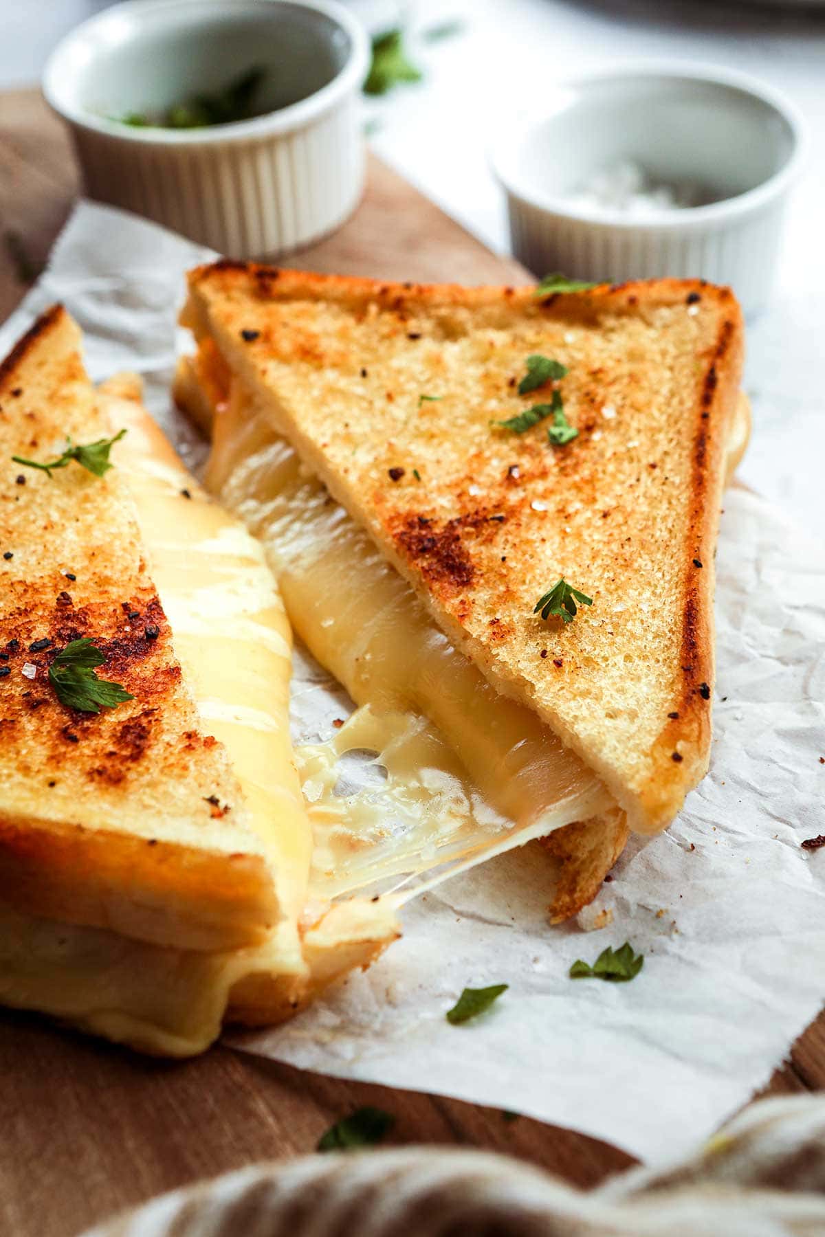 Garlic Butter Four Cheese Grilled Cheese cooked, slices next to each other
