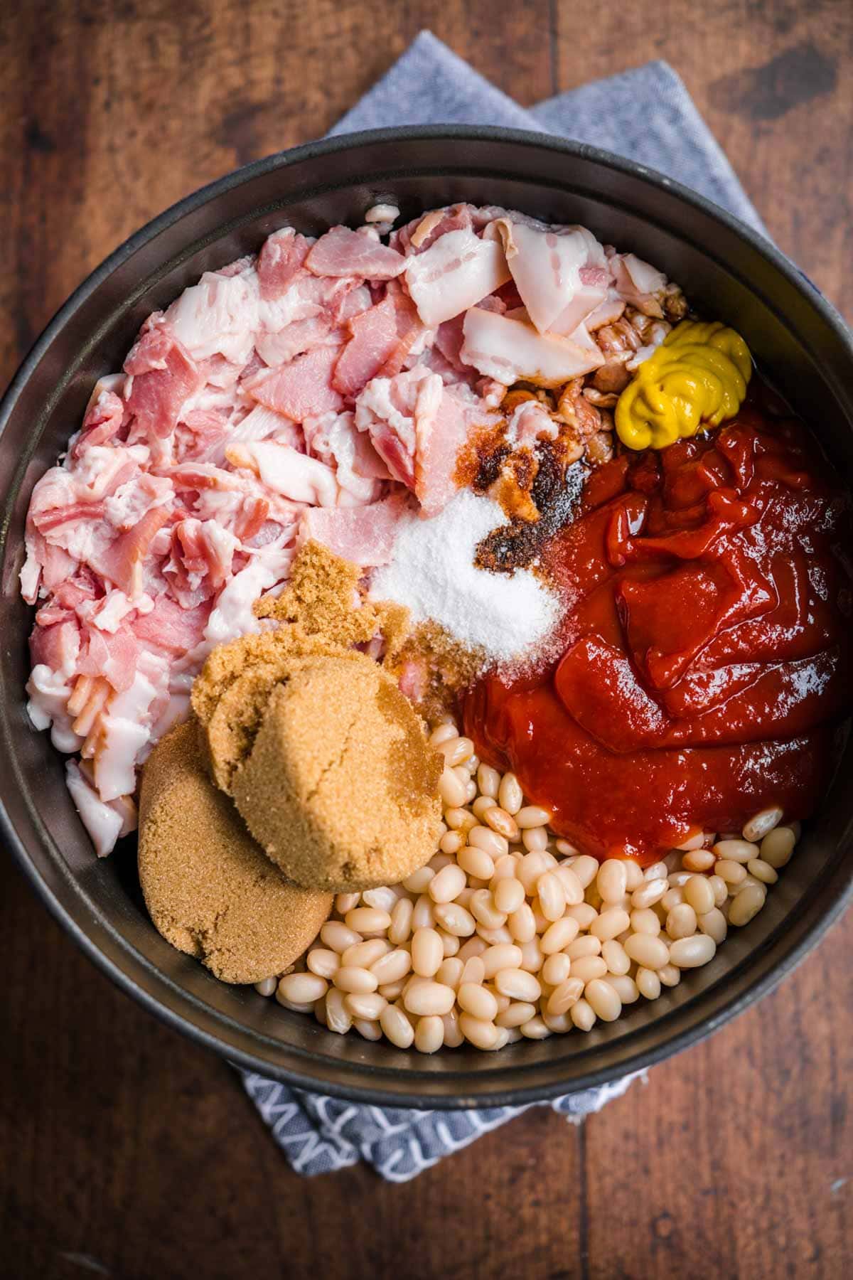 Homemade Pork and Beans ingredients in pot