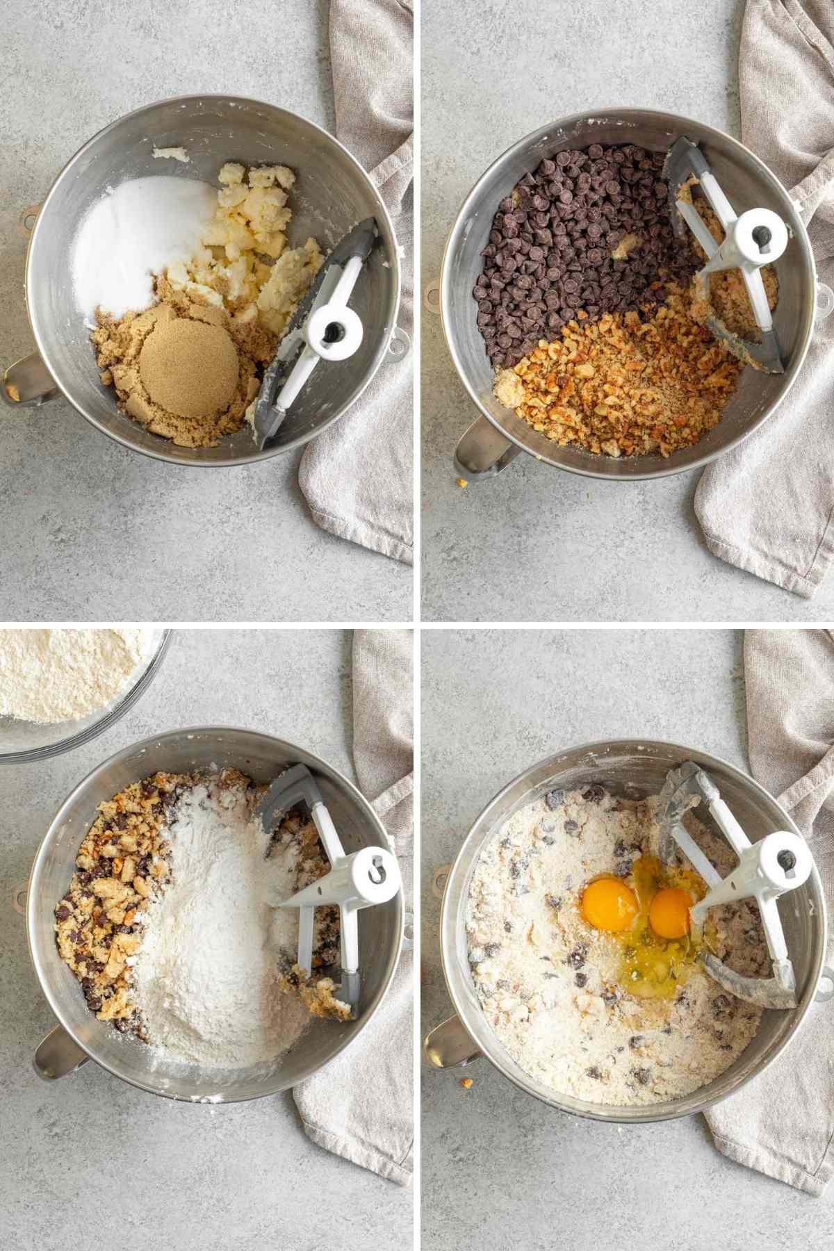 Collage of mixing steps for Levain Chocolate Chip Cookies