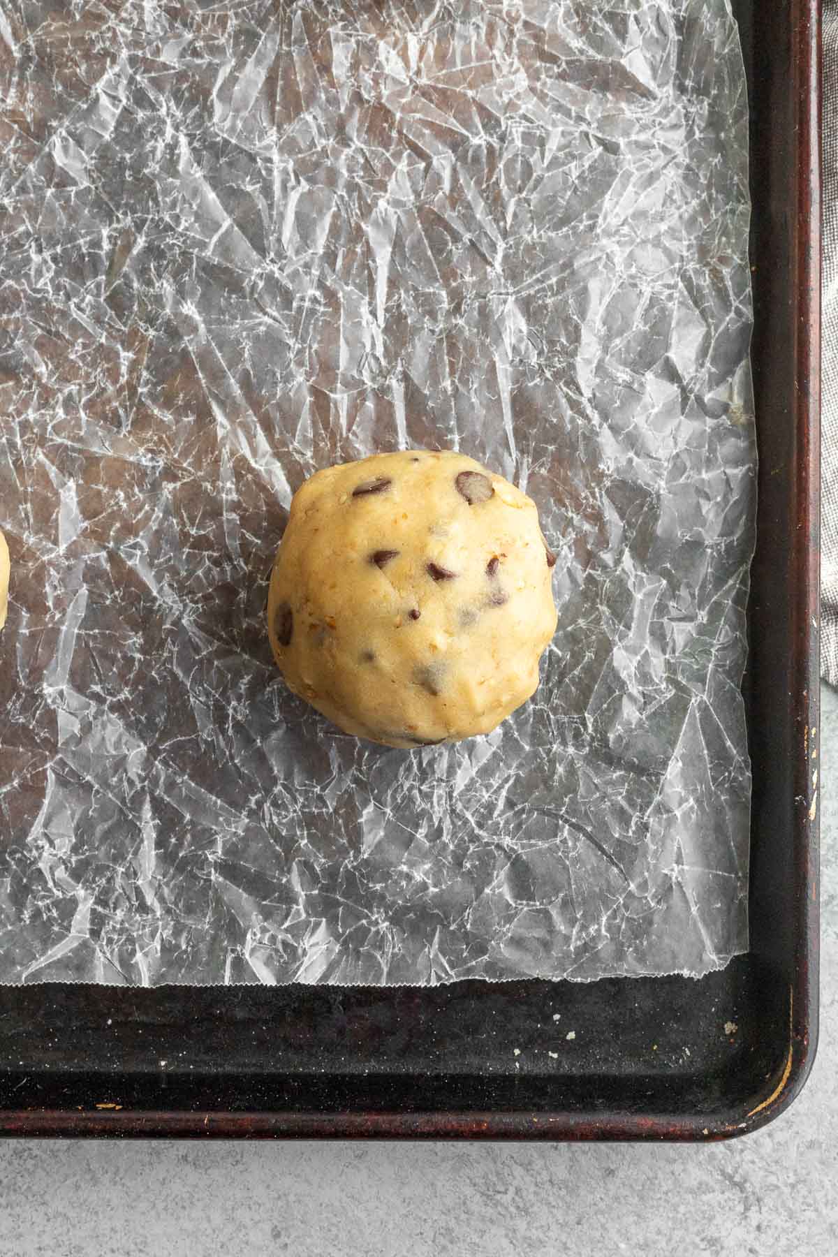 Levain Chocolate Chip Cookies dough on baking sheet