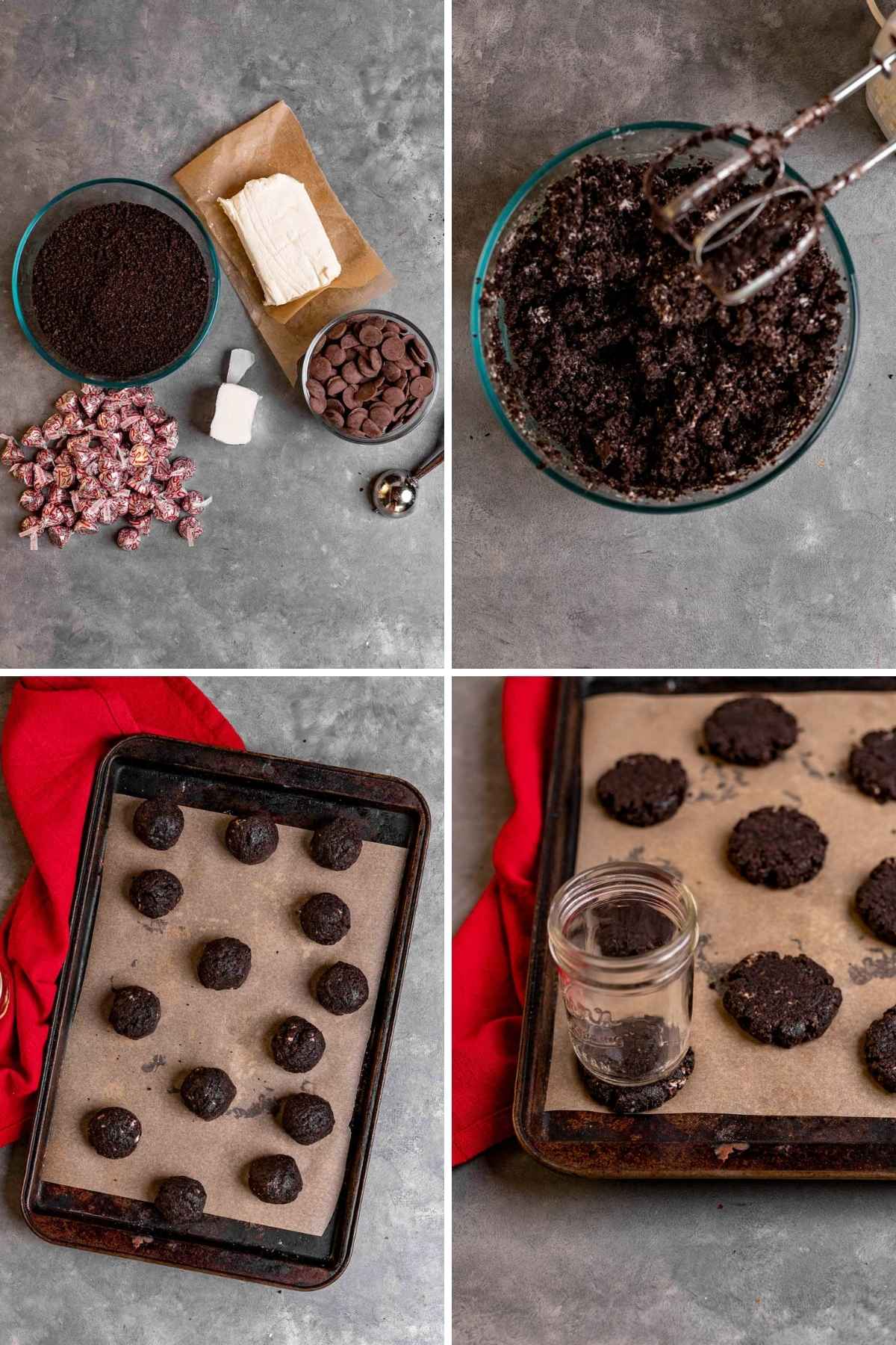 No Bake Peppermint Oreo Blossoms collage of cookie prep steps