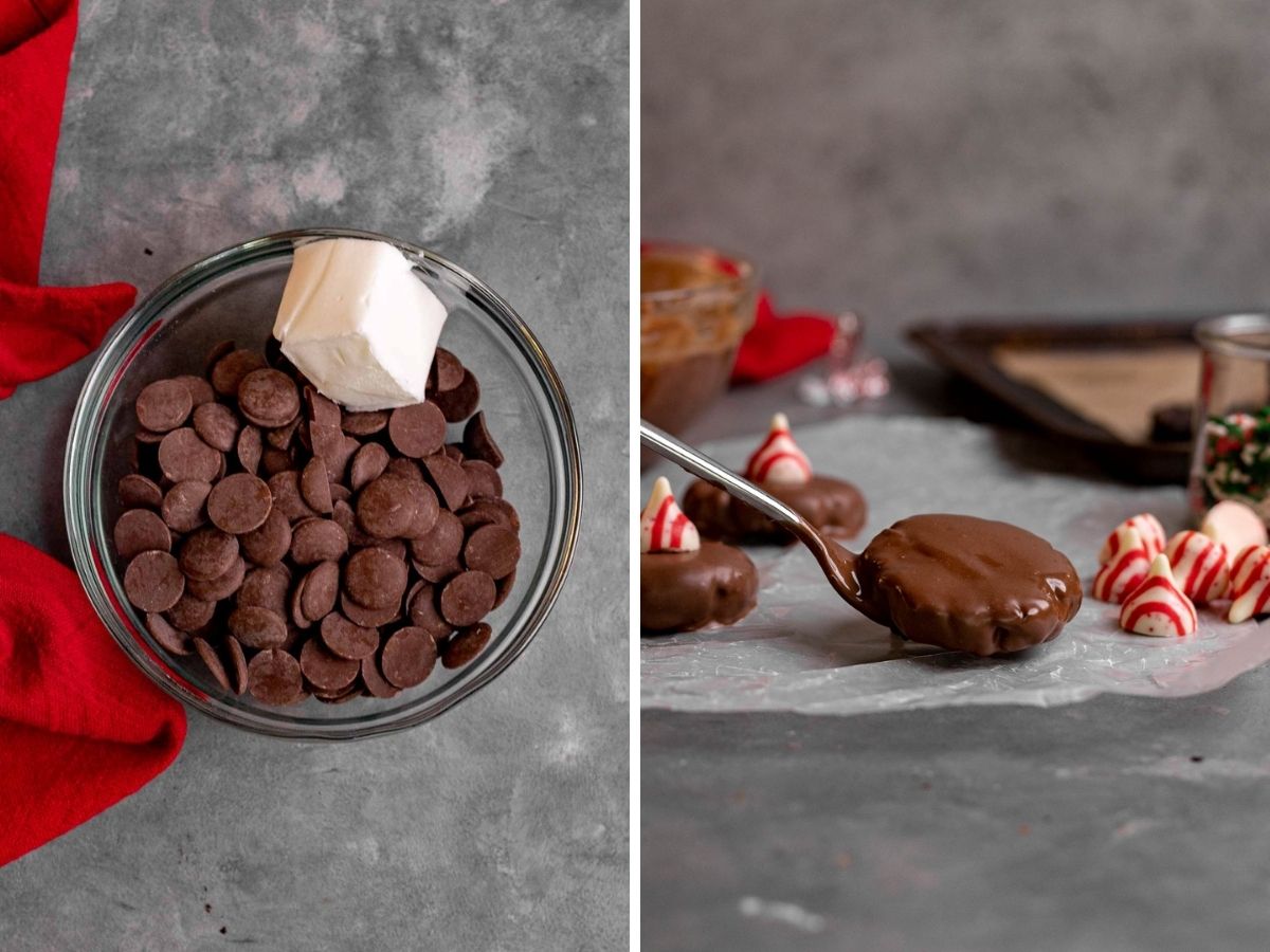 No Bake Peppermint Oreo Blossoms collage of chocolate coating steps