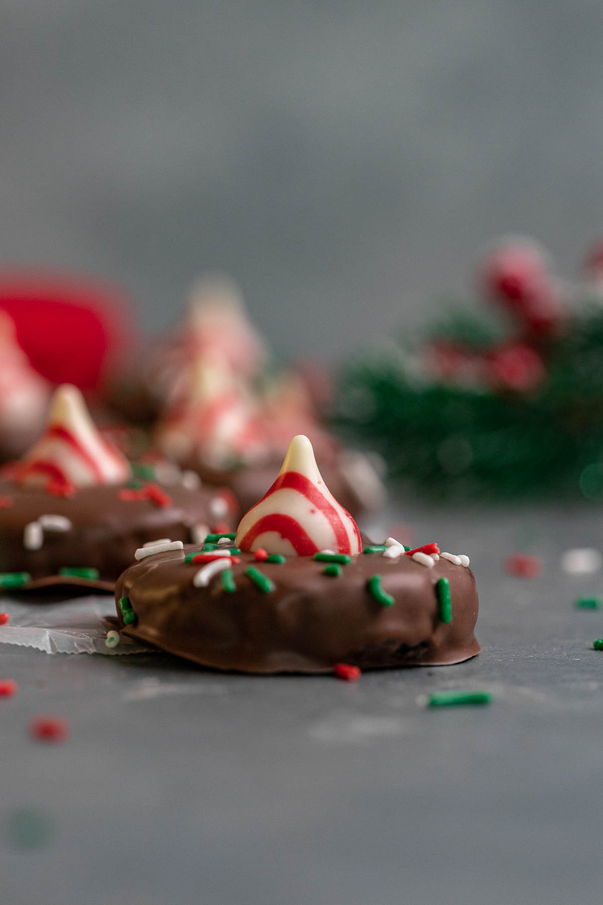 No Bake Peppermint Oreo Blossoms with red and green sprinkles