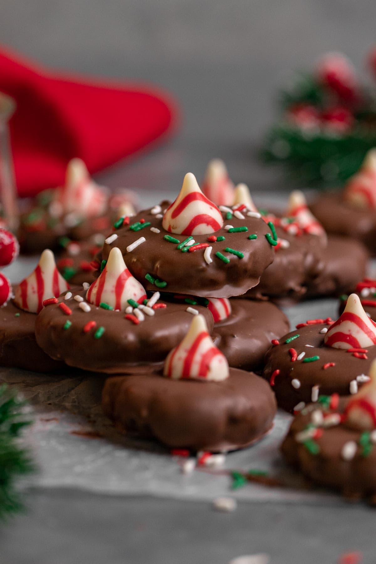 No Bake Peppermint Oreo Blossoms with red and green sprinkles