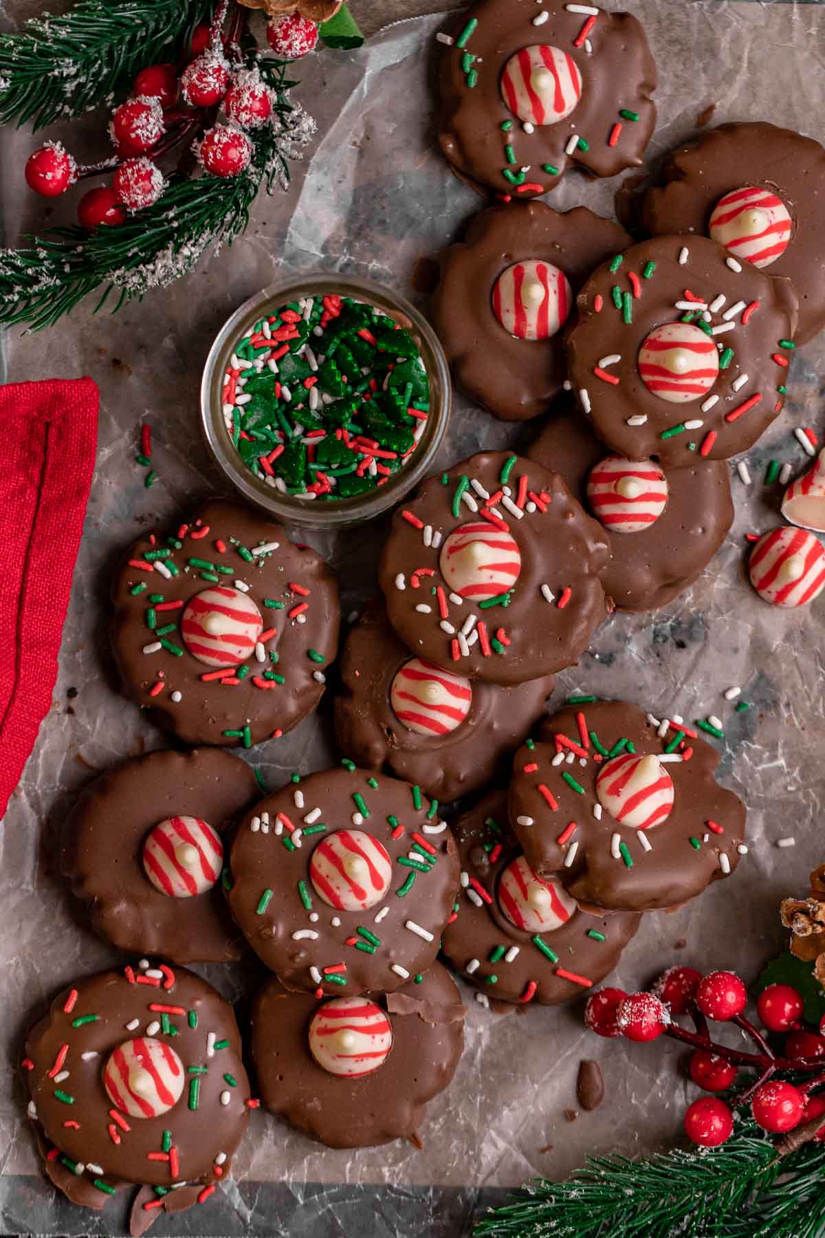 No Bake Peppermint Oreo Blossoms with red and green sprinkles