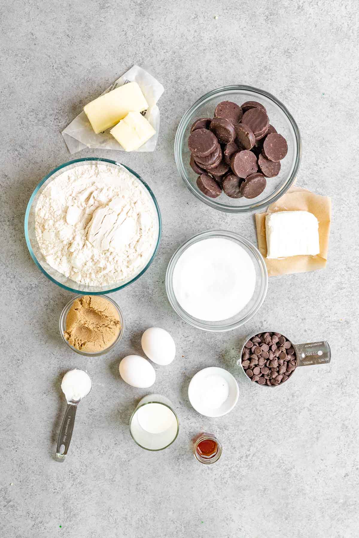 Peppermint Filled Cookies ingredients in separate bowls