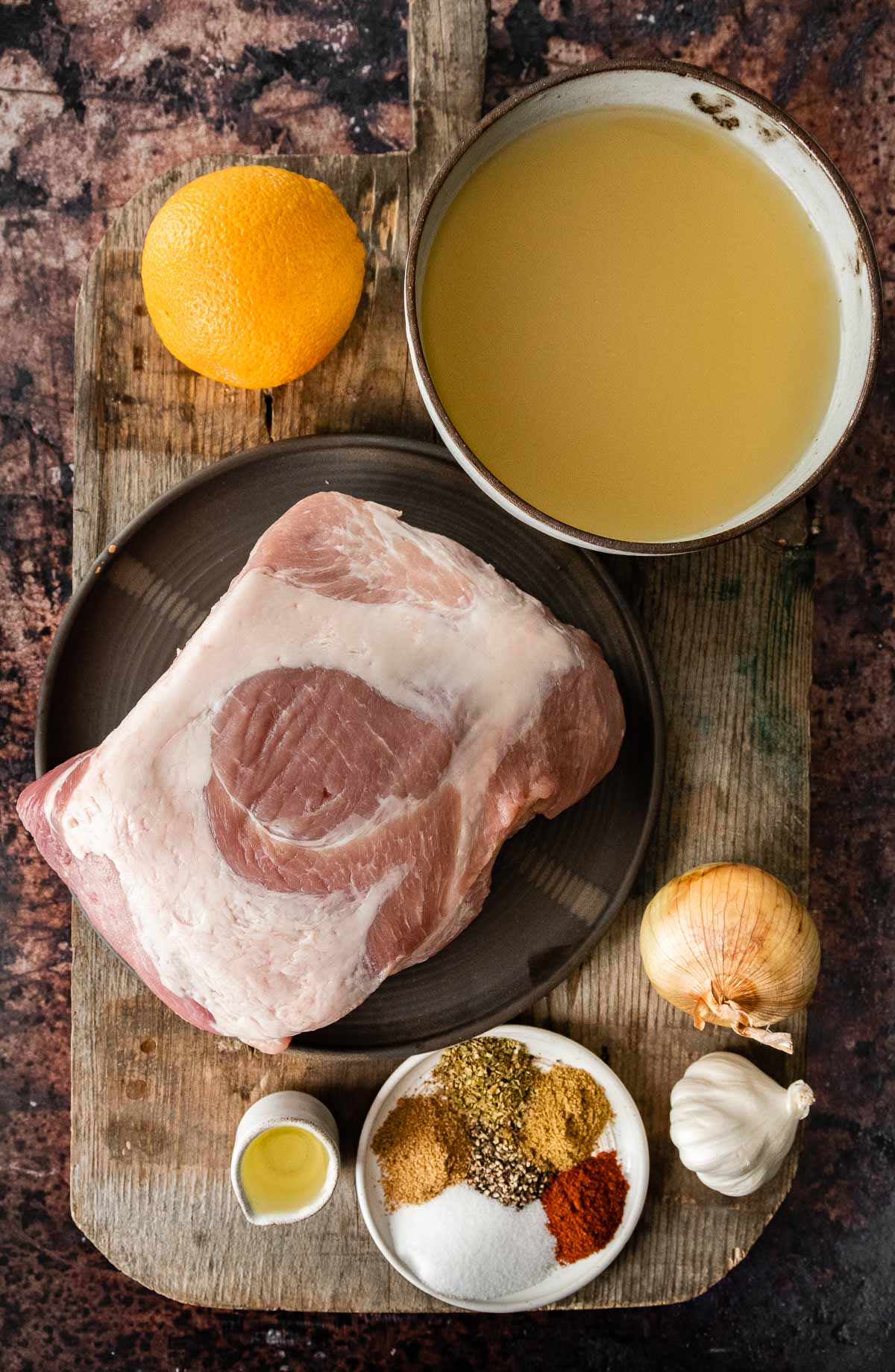 Ingredients for Pork Carnitas (Oven) in prep bowls