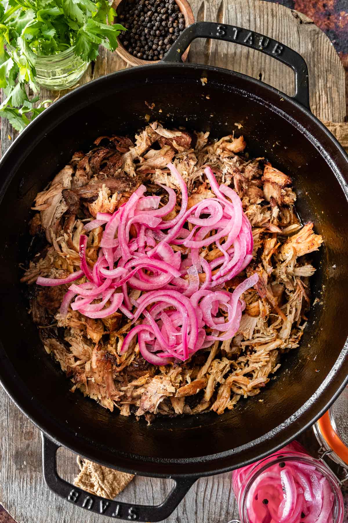 Pork Carnitas (Oven) shredded in Dutch oven