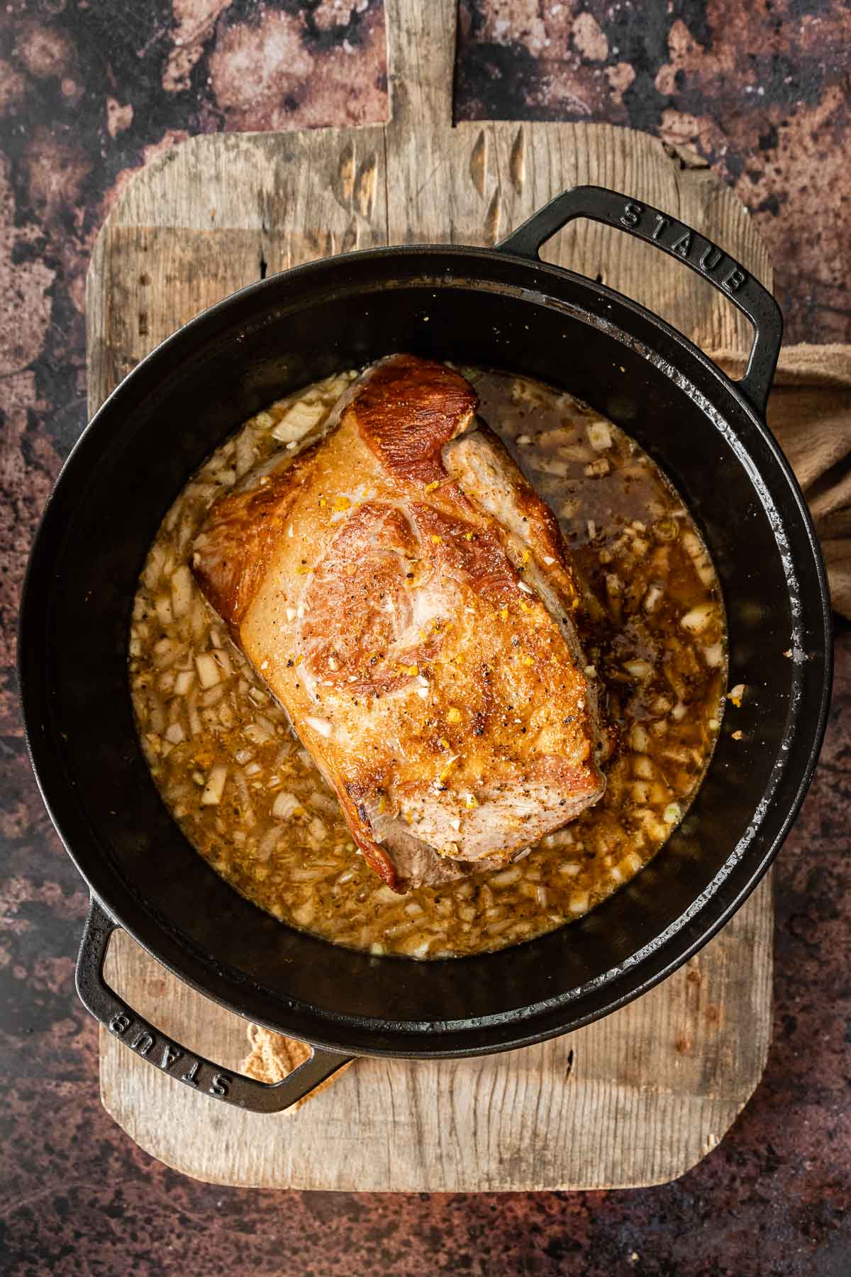 Pork Carnitas (Oven) in Dutch oven with sauce