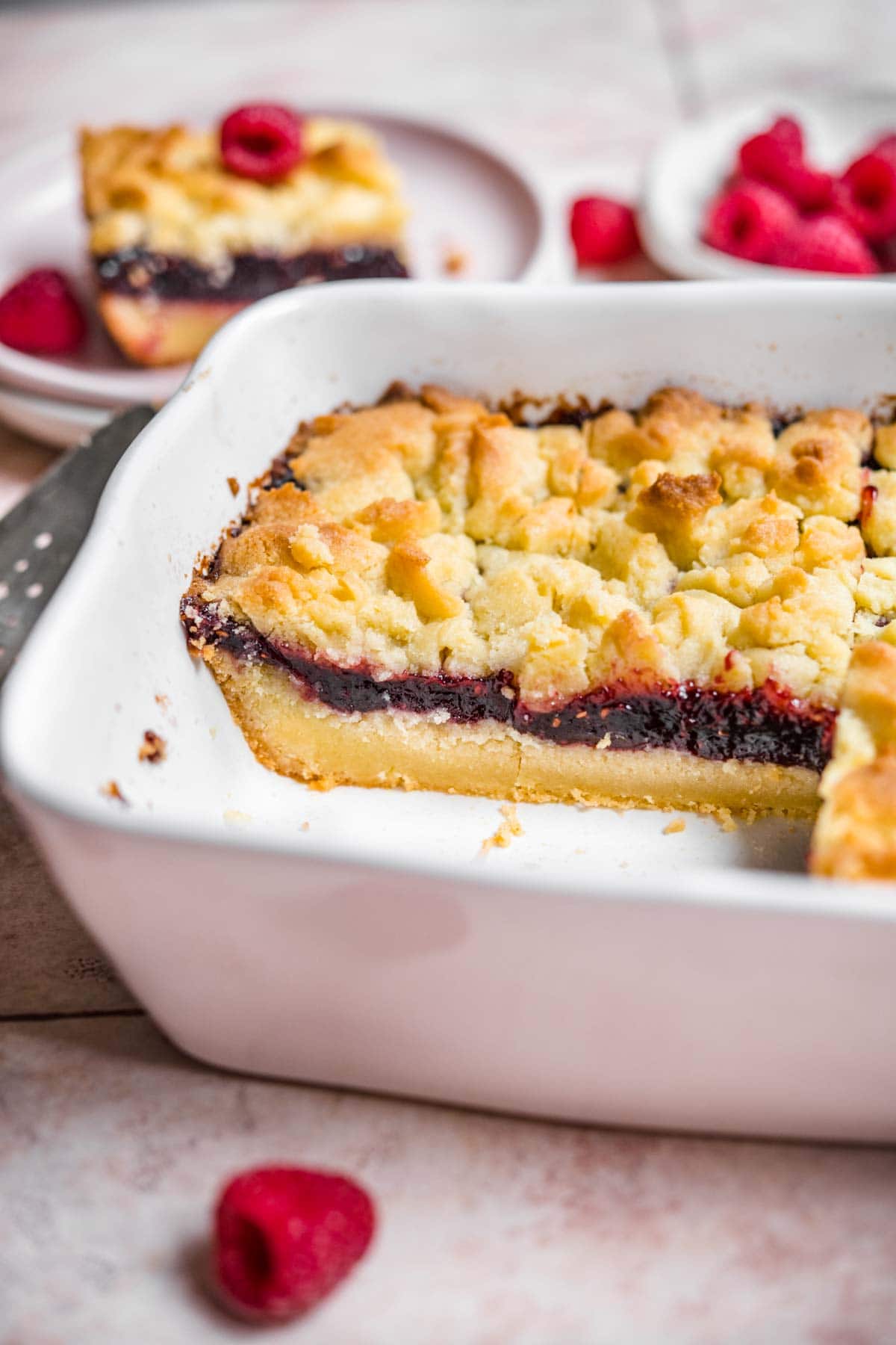 Raspberry Shortbread Bars in pan after baking