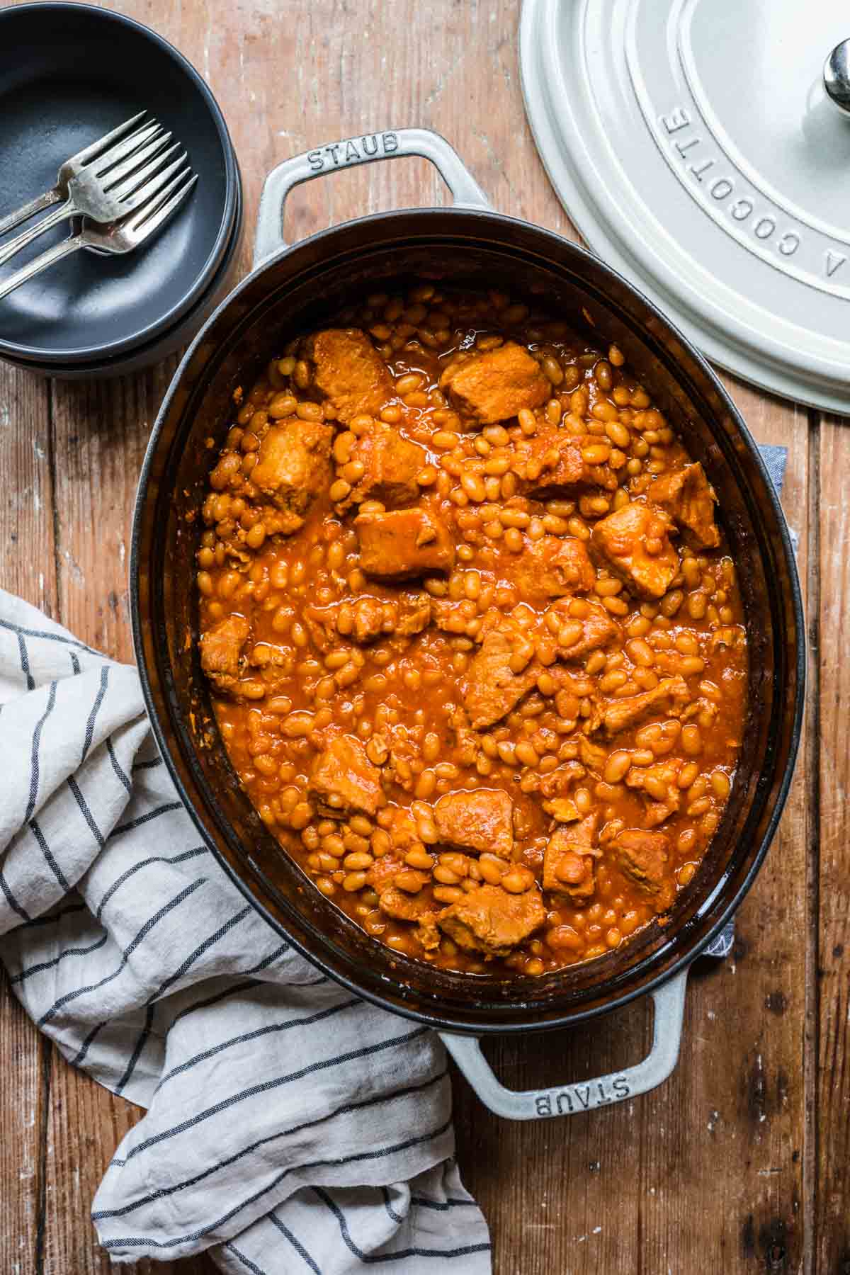 Roast Pork and Beans cooked in large oval baking dish