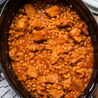 Roast Pork and Beans cooked in large oval baking dish