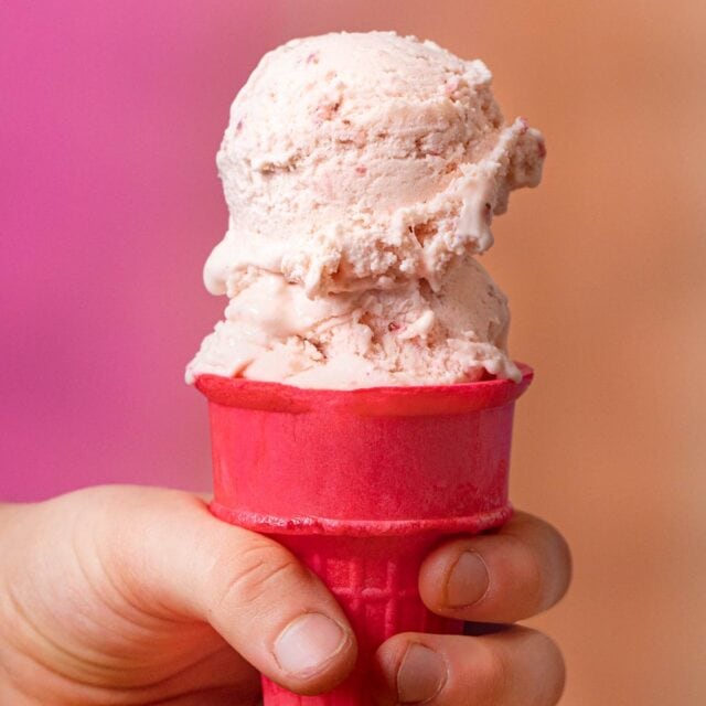 Strawberry Ice Cream scoops on cone
