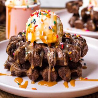 Waffle Brownie topped with vanilla ice cream and sprinkles